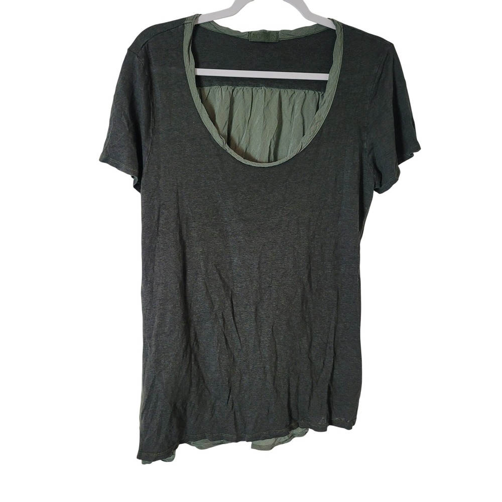 CP Shades Womens Mixed Media Scoop Neck Linen Green Asymmetrical Tee Shirt Top
